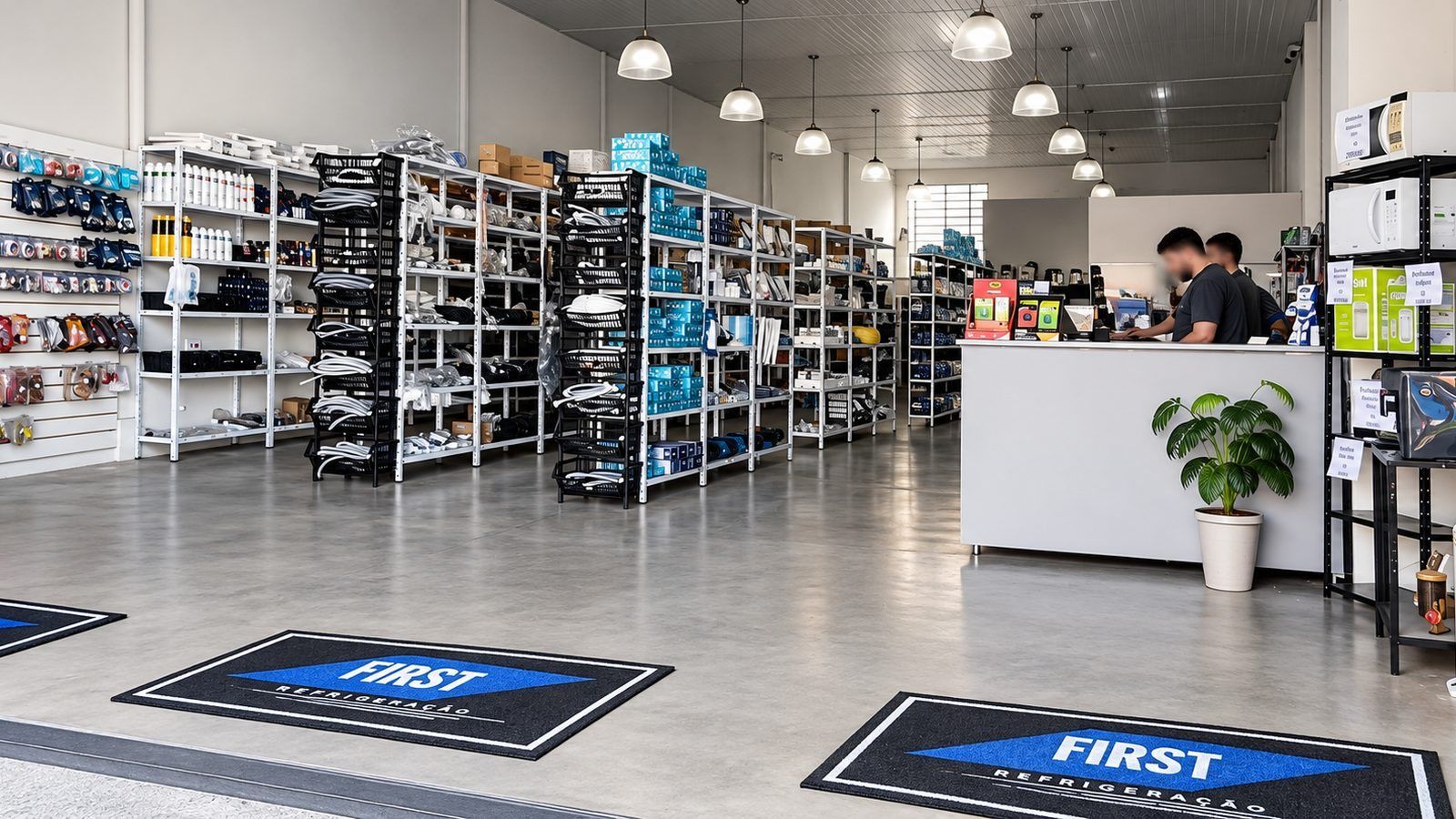 Interior da loja First Refrigeração, com balcão e prateleiras de peças